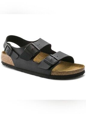 Birkenstock Milano Black Two-Strap Adjustable Sandal Slides Leather Size 37 US 7